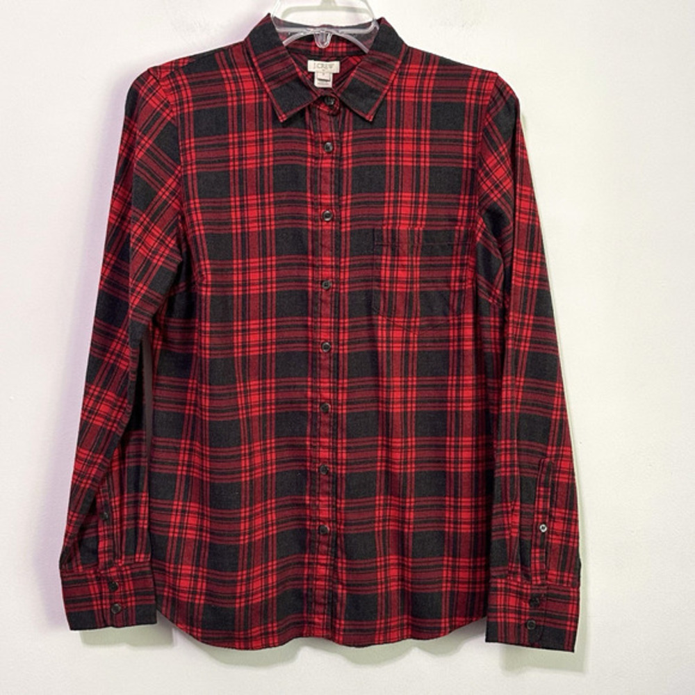 J Crew Flannel Shirt Womens S Red Black Plaid Cotton Pocket Blouse Cabin NEW